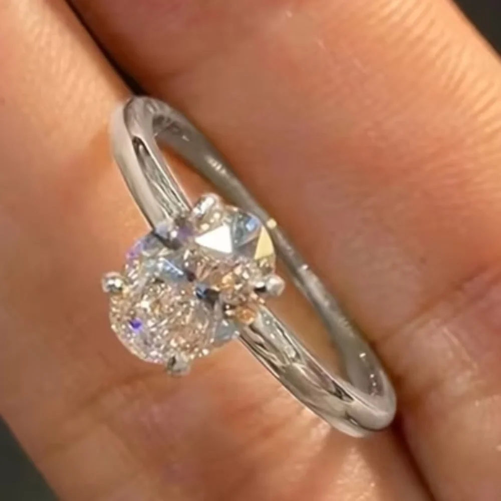 Silver Oval Cut CZ Engagement Proposal Wedding Band Ring - Size 8